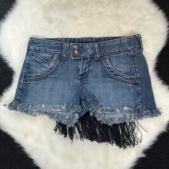 Vintage X2 Shorts Y2K Low Rise Micro Mini Leopard Patch Fringe Denim Pink Trim - Picture 2 of 7